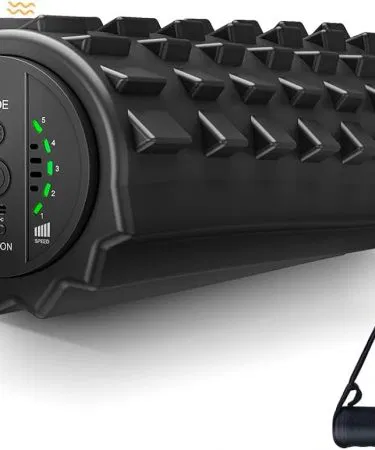 Yoga Roller With Vibrator portable massage roller with textured EVA foam and USB‑C charging, shown on a yoga mat, imagecaption=Compact vibrating yoga roller for pre‑workout activation and post‑workout recovery – available on Khareedo & Kharedo,