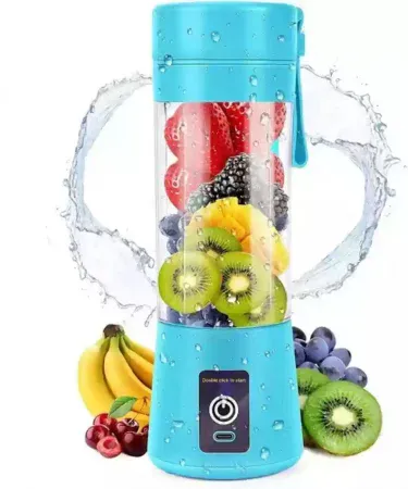 USB rechargeable 6‑blade portable juicer blender 380ml in use, imagecaption=Compact personal‑size USB blender for smoothies, shakes and juices on the go,
