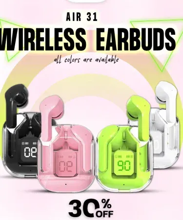 Air31 Transparent Wireless Earbuds with charging case, imagecaption=Air31 Bluetooth earbuds – sleek transparent design, HD stereo sound and long‑lasting battery.