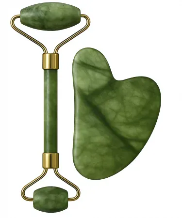 BAIMEI Rose Quartz Jade Roller and Gua Sha facial massage set on a marble surface, highlighting the smooth quartz rollers and stone tool for skin care