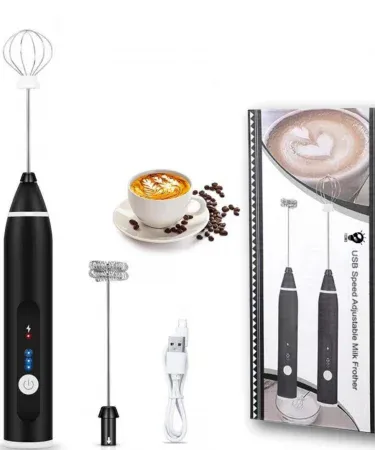 White electric rechargeable coffee beater and milk frother with ergonomic handle, imagecaption=Compact white rechargeable coffee beater for foaming milk, beating eggs, and mixing shakes – perfect for home and travel.