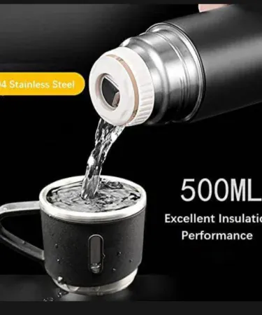500ml stainless steel vacuum flask set with three steel cups and travel bottle – Khareedo