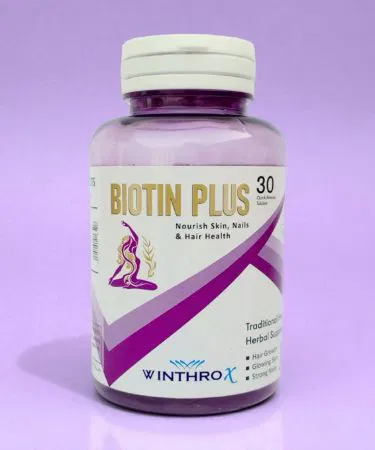 WINTHROX BIOTIN PLUS supplement bottle showcasing 6 essential nutrients for hair, skin, and nails