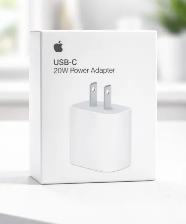 Apple USB‑C 20W Power Adapter white charger with USB‑C port, imagecaption=Apple USB‑C 20W Power Adapter – Fast charging for iPhone, iPad and other USB‑C devices.