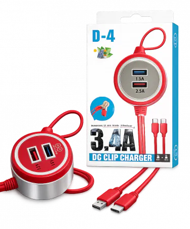 D-4 DC Clip Charger 3.4A Dual USB Car Charger with red and black battery clips, imagecaption=D-4 DC Clip Charger – Dual USB fast charging car charger available on Khareedo & Kharedo.