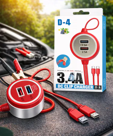 D-4 DC Clip Charger 3.4A Dual USB Car Charger with red and black battery clips, imagecaption=D-4 DC Clip Charger – Dual USB fast charging car charger available on Khareedo & Kharedo.