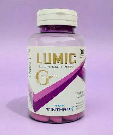 WINTHROX LUMIC skin whitening supplement bottle with tablets, imagecaption=WINTHROX LUMIC – Advanced skin brightening formula available on Khareedo & Kharedo.