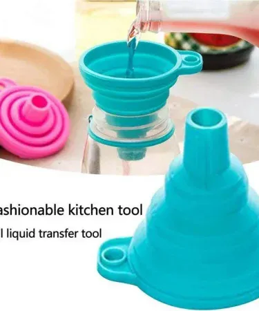 Small foldable silicone funnel in mixed random colors, compact and flexible for kitchen use