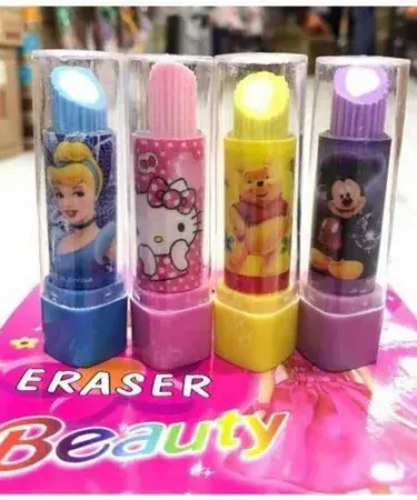 lipstick‑shaped cartoon erasers pack of 2 in vibrant colors, imagecaption=Pack of 2 Lipstivk style erasers – colorful, cartoonic designs, perfect for students and office use.
