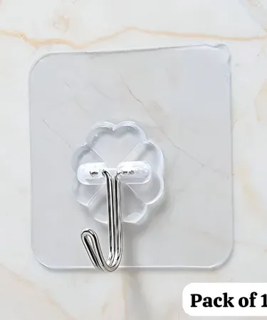 Pack of 5 self adhesive transparent metal hooks on white background , imagecaption=Transparent metal hooks – easy no‑drill installation ,