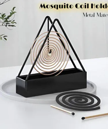 Black triangle-shaped metal steel mosquito coil holder for indoor and outdoor use, imagecaption=Stylish black triangle metal coil holder – perfect for mosquito coils.