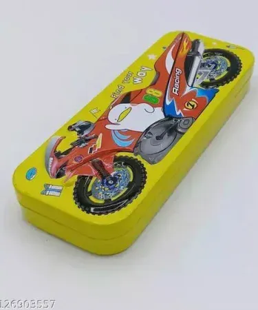 Metallic car‑themed pencil box for kids, sleek metal finish with vibrant car graphics, perfect for school supplies.