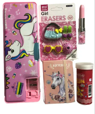 Unicorn themed geometry pencil box with lipstick pen, fancy erasers, colour pencils and notebook, perfect for school and office use,