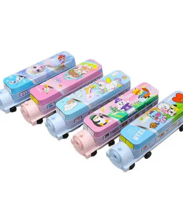 Bus Style Geometry Pencil Box with metallic body – sleek, durable stationery organizer for school and office