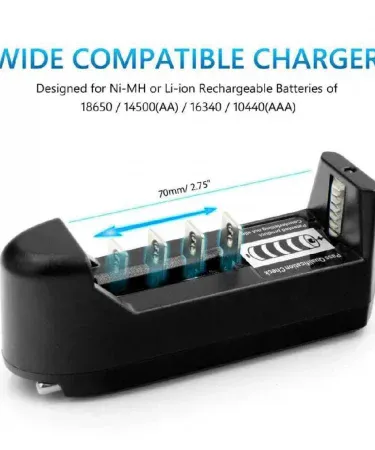 Multifunctional single slot lithium cell charger with LED indicator for 3.7V batteries, imagecaption=Universal portable lithium charger – single slot design,