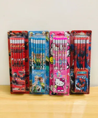 12 cartoon character pencils with colorful toppers and a sharpener in the box, perfect for kids stationery