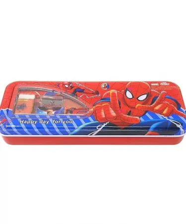 Metal geometry box containing pencil, scale, eraser and sharpener on a white background, imagecaption=Compact metal geometry box with basic stationery items – perfect for students and professionals.