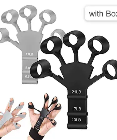 Silcione Hand Fingers Exercise Gripper with Box – random colors silicone grip strengthener, imagecaption=Silcione Hand Fingers Exercise Gripper packaged in a handy box, available in assorted colors.