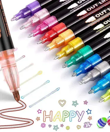 Outline Markers Pack of 12 pcs glitter craft pens – colorful fine tip markers for kids, sold by Khareedo/Kharedo , imagecaption=Outline Markers Pack of 12 pcs – vibrant glitter outline markers for creative projects ,