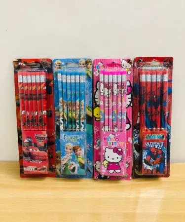 12 cartoon character pencils with colorful toppers and a sharpener in the box, perfect for kids stationery