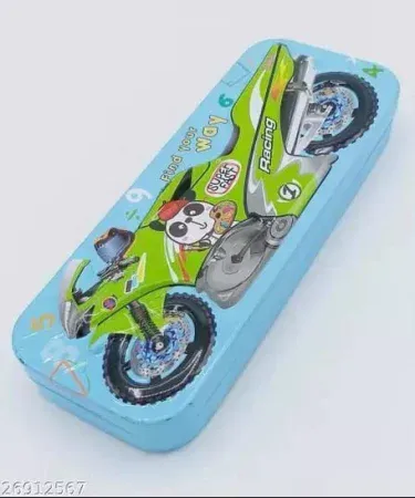 Metallic car‑themed pencil box for kids, sleek metal finish with vibrant car graphics, perfect for school supplies.