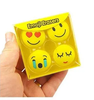 Pack of 4 Emoji Erasers – colourful smiley face erasers for school and office, imagecaption=Emoji Erasers Pack of 4 – bright, fun erasers available on Khareedo & Kharedo,