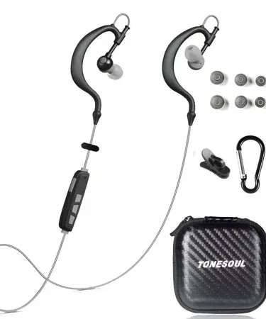 Plastic S252 Tonesoul Sports Wireless EarBuds with cable, 4 extra ear tips, and leather pouch packaged in a stylish box