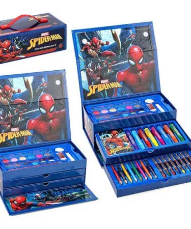 Coloring Kit 54 pcs Set with cartoon themed books, water colour pens, pencils, crayons and paint palette neatly arranged in a box
