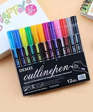 Outline Markers Pack of 12 pcs glitter craft pens – colorful fine tip markers for kids, sold by Khareedo/Kharedo , imagecaption=Outline Markers Pack of 12 pcs – vibrant glitter outline markers for creative projects ,