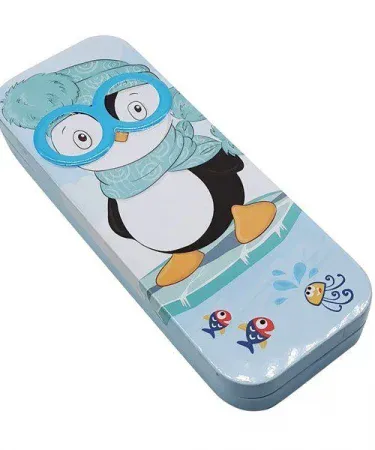 Metal Geometry Box with Cartoonic Themes – metal stationery set with compass, ruler, protractor, cartoon design, imagecaption=Metal Geometry Box with Cartoonic Themes – perfect for school, office, and gifting,