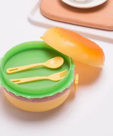 Kids Lunch Box Burger Style with spoon, bright burger‑shaped container for children