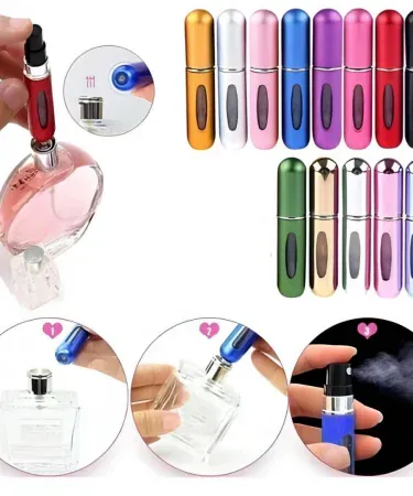 Mini pocket perfume auto refiller bottle showing five color options – blue, grey, golden, red and pink, perfect for travel and on‑the‑go fragrance top‑ups. , imagecaption=Multi‑color Perfume Auto Refiller – compact, refillable bottle available in blue, grey, golden, red & pink – shop now on Khareedo | Kharedo.