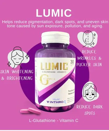 WINTHROX LUMIC skin whitening supplement bottle with tablets, imagecaption=WINTHROX LUMIC – Advanced skin brightening formula available on Khareedo & Kharedo.