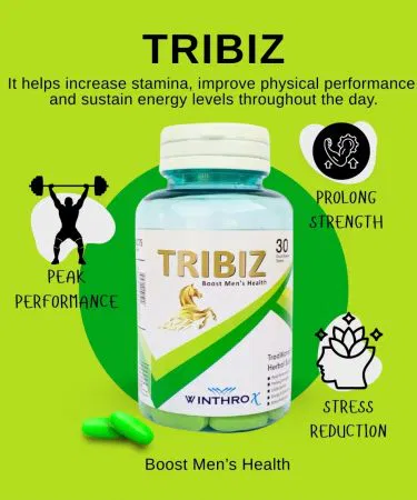 WINTHROX TRIBIZ dietary supplement bottle with tablets, imagecaption=WINTHROX TRIBIZ – Men’s health and libido support supplement.