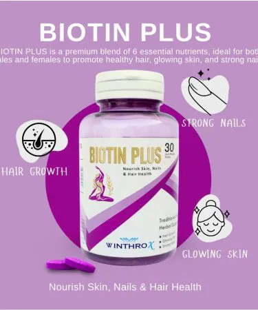 WINTHROX BIOTIN PLUS supplement bottle showcasing 6 essential nutrients for hair, skin, and nails