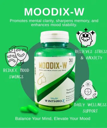 WINTHROX MOODIX‑W natural energy & hormone support tablets for women, packaged in a premium bottle