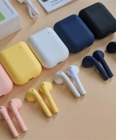 i12Airpods wireless Bluetooth true‑wireless earbuds in pink, blue, black, yellow, green and white with touch sensors and super‑bass HD sound, imagecaption=i12Airpods (M10) true‑wireless earbuds – multi‑color options, premium sound and Khareedo | Kharedo Check‑on‑Delivery service.