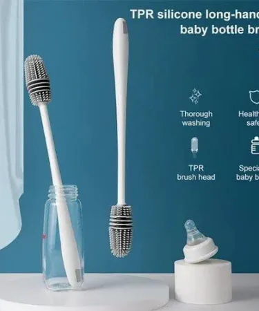 Silicone bottle cleaning brush with long handle for baby milk bottles and water cups , imagecaption=Long‑handle silicone brush perfect for cleaning baby bottles, water cups, jars and kitchen accessories ,