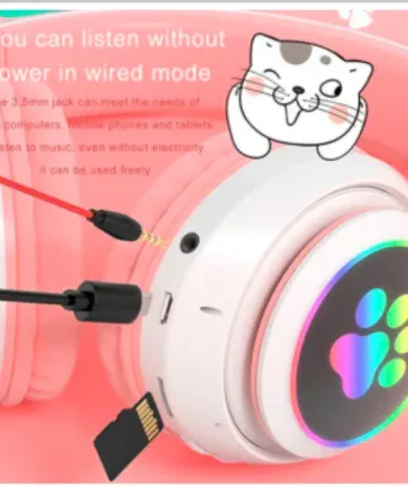 Kids cat ear LED light up Bluetooth headphones with microphone in pink, suitable for toddlers and teens, vibrant LED lights sync with music, comfortable over‑ear design. , imagecaption=Vibrant pink cat‑ear LED Bluetooth headphones – perfect stylish gift for girls and teens.