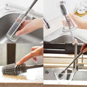Silicone bottle cleaning brush with long handle for baby milk bottles and water cups , imagecaption=Long‑handle silicone brush perfect for cleaning baby bottles, water cups, jars and kitchen accessories ,