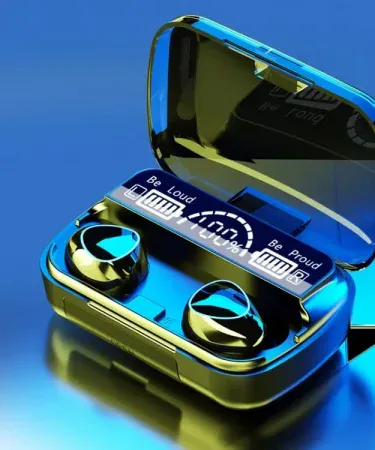 M10 Air Buds Wireless Bluetooth Earbuds with Power Bank case showing LED power display, imagecaption=M10 Air Buds – Premium Bluetooth earbuds with built‑in power bank, available on Khareedo/Kharedo.