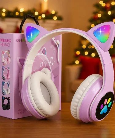 Cat ear wireless Bluetooth headphones for girls with LED lights and built‑in microphone, imagecaption=Stylish LED cat ear Bluetooth headphones – perfect gift for girls and teens,