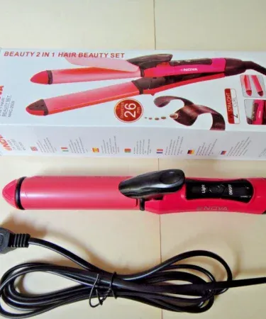 Nova 2‑in‑1 Hair Straightener & Curler Pink 2009 220V with ceramic tourmaline plates, portable design, 360° rotating cord – perfect for straightening and curling hair.