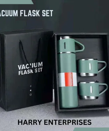 500ml stainless steel vacuum flask set with three steel cups and travel bottle – Khareedo