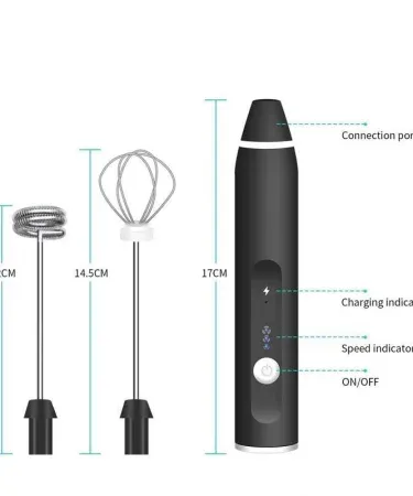 White electric rechargeable coffee beater and milk frother with ergonomic handle, imagecaption=Compact white rechargeable coffee beater for foaming milk, beating eggs, and mixing shakes – perfect for home and travel.
