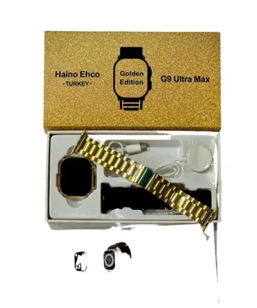 Haino Teko G9 Ultra Max Gold Edition Smart Watch featuring a 2.08‑inch IPS HD display, Bluetooth calling, wireless charging, gold and ocean straps, NFC and IP67 waterproof design.
