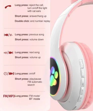 Cat Ear Headphone STN 28 Bluetooth 5.0 with RGB flashing lights, pink design for girls, imagecaption=Stylish pink cat‑ear Bluetooth headphones with LED lights – perfect gift for girls.