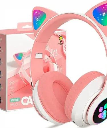 Cat Ear Headphone STN 28 Bluetooth 5.0 with RGB flashing lights, pink design for girls, imagecaption=Stylish pink cat‑ear Bluetooth headphones with LED lights – perfect gift for girls.