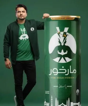 Markhor energy drink can with Khareedo delivery badge, imagecaption=Markhor Energy Drink – PKR 3,999 – Available on Khareedo | Kharedo with Check‑on‑Delivery service,