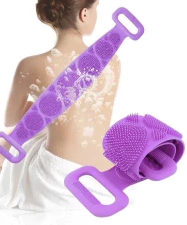 Bath Shower Silicone Body Brush Belt hands‑free exfoliating shower brush with dual‑sided silicone bristles, adjustable belt, quick‑dry design, perfect for sensitive skin and kids, displayed in a modern bathroom. , imagecaption=Hands‑free silicone body brush belt for a spa‑like shower experience – available now on Khareedo | Kharedo.